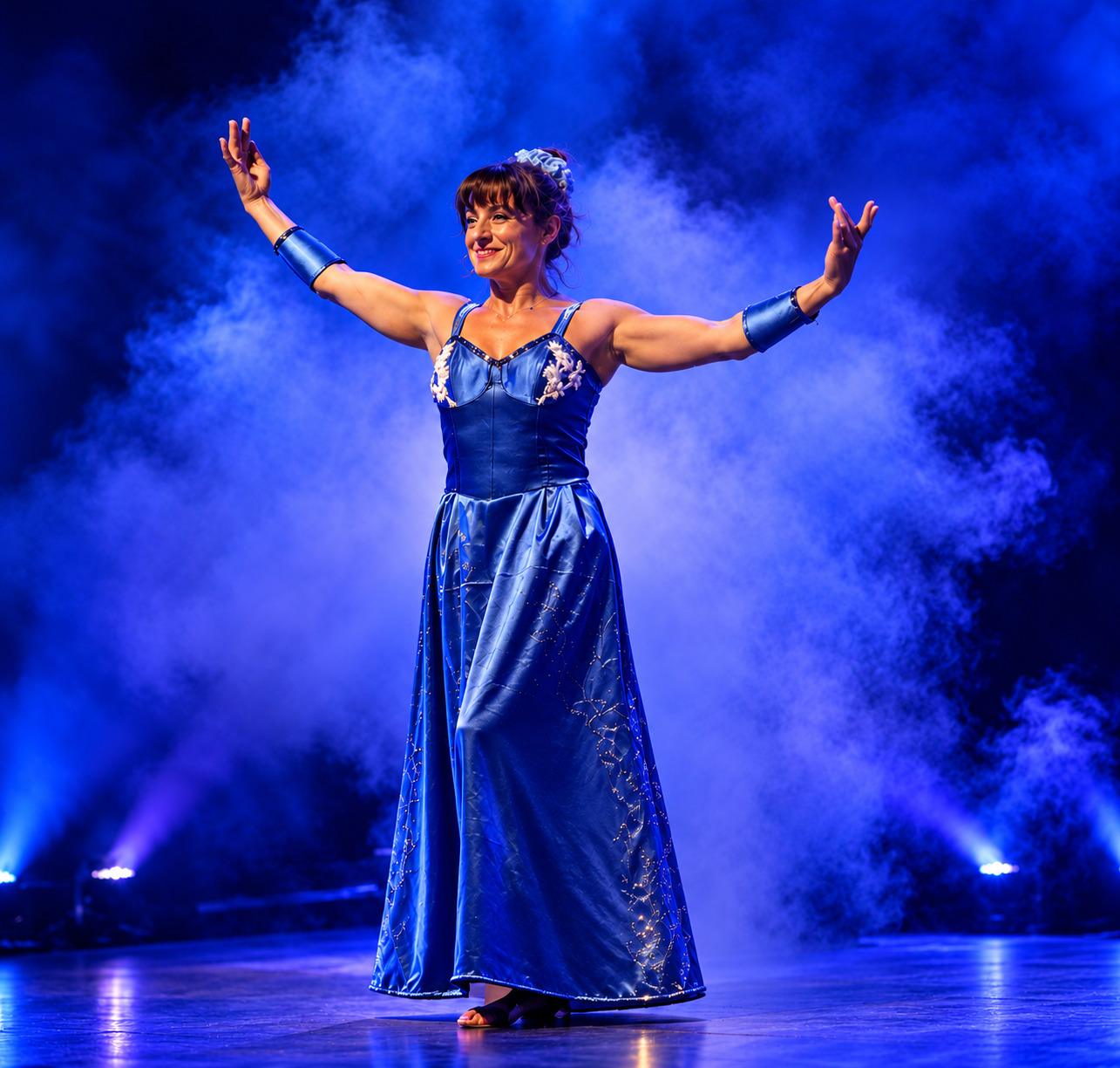 Isabella en robe bleue dans la fumée de scène