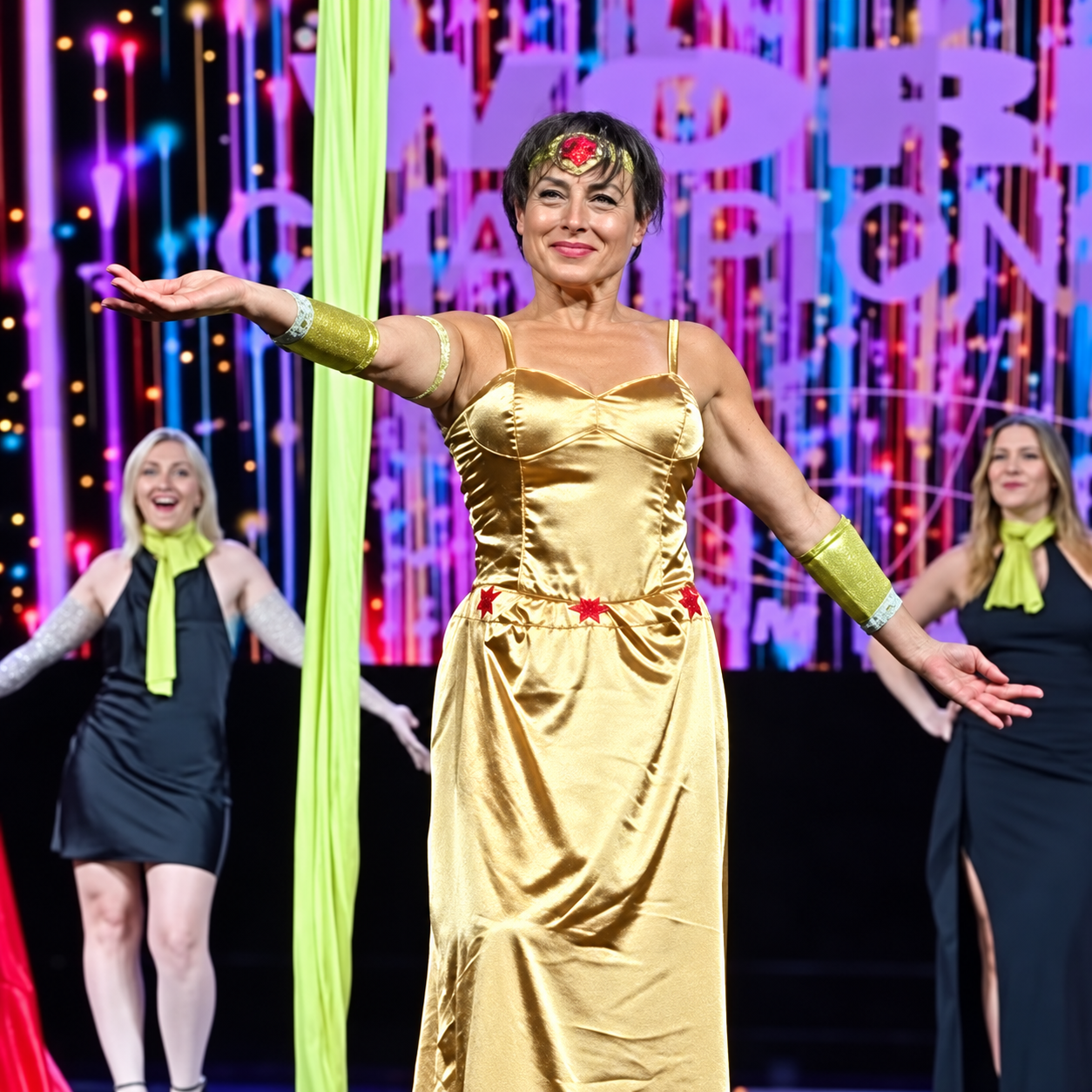 Isabella Delle Castelle sur scène en robe dorée — L’univers Shayla